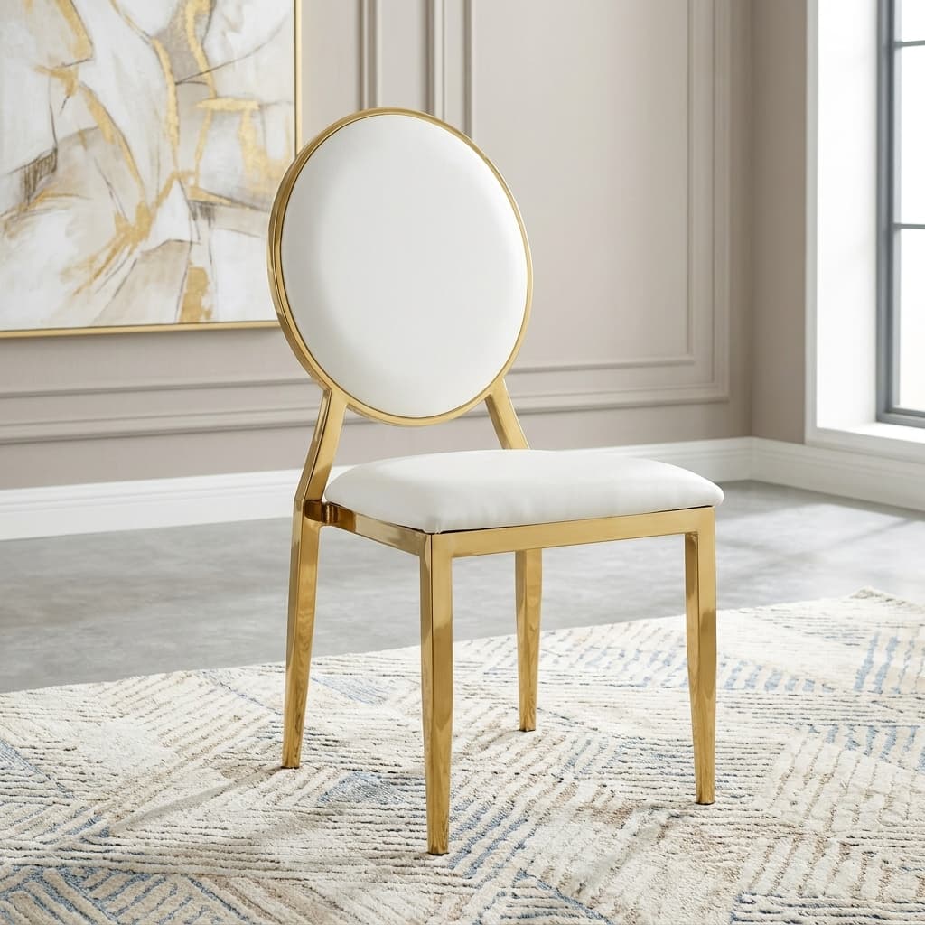 Luxury Gold Frame Event/Dining Chair Showcasing A Polished Gold Stainless Steel Frame With A Round Oval Backrest And A Thick Square Seat Upholstered In Pristine White Faux Leather.