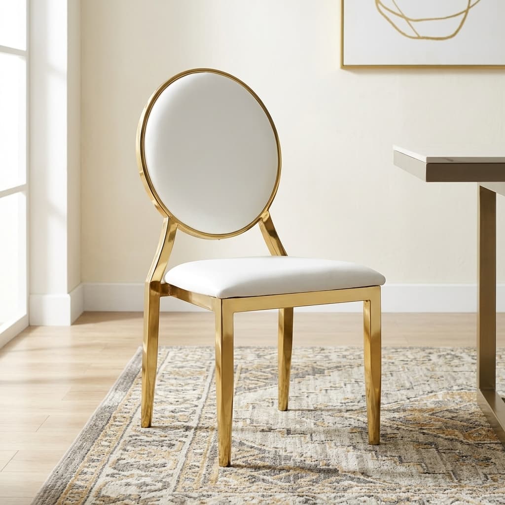 Luxury Gold Frame Event/Dining Chair Showcasing A Polished Gold Stainless Steel Frame With A Round Oval Backrest And A Thick Square Seat Upholstered In Pristine White Faux Leather.