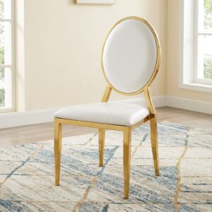 Luxury Gold Frame Event/Dining Chair showcasing a polished gold stainless steel frame with a round oval backrest and a thick square seat upholstered in pristine white faux leather.