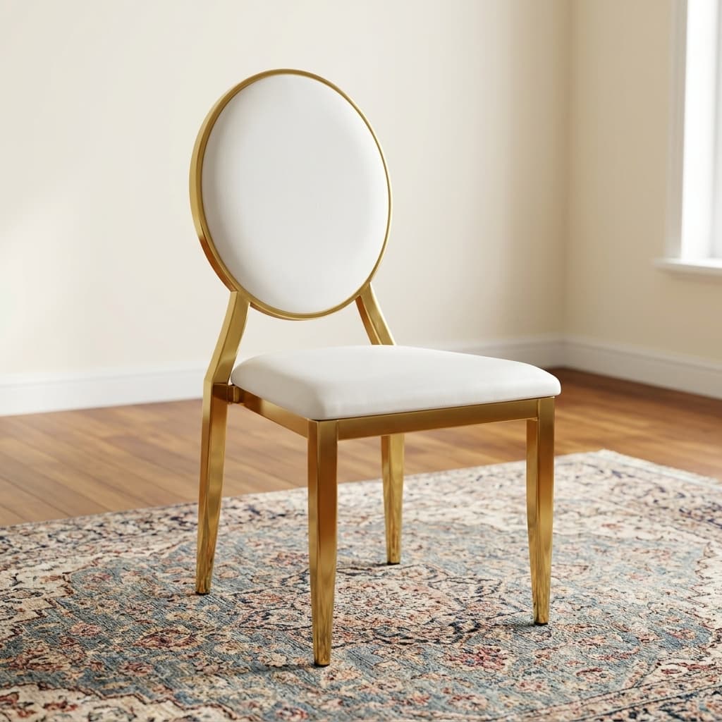 Luxury Gold Frame Event/Dining Chair Showcasing A Polished Gold Stainless Steel Frame With A Round Oval Backrest And A Thick Square Seat Upholstered In Pristine White Faux Leather.