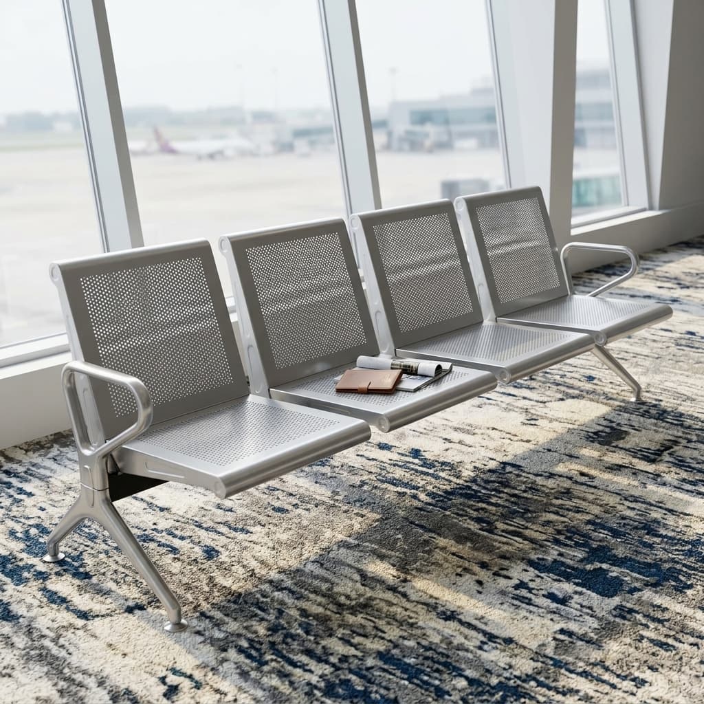 Heavy Duty 4 Seater Waiting Bench Showcasing A Four-Seat Row Made From Micro-Perforated Metallic Silver Stainless Steel Panels With Integrated Steel End Armrests.