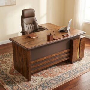 1.8M Executive L-Shaped Office Desk showcasing a rectangular dark walnut wood grain desktop with an integrated side return credenza, a taupe modesty panel, and inlaid gold accent strips.