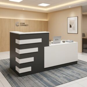 Modern 2m Two-Tone Reception Desk showcasing a dual-tier check-in counter with a matte charcoal gray and off-white laminate finish, and a tiered pattern of four white accent slats.