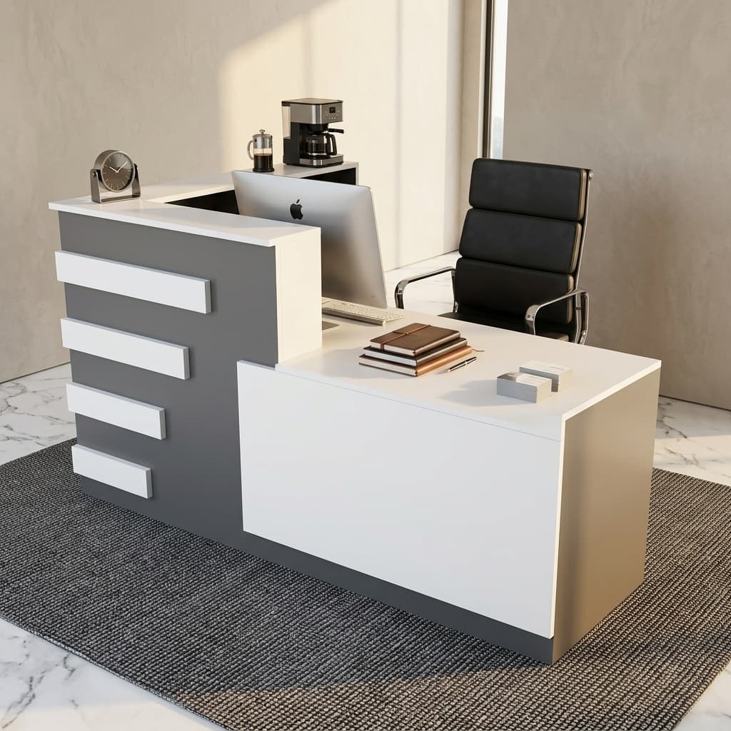 Modern 2M Two-Tone Reception Desk Showcasing A Dual-Tier Check-In Counter With A Matte Charcoal Gray And Off-White Laminate Finish, And A Tiered Pattern Of Four White Accent Slats.