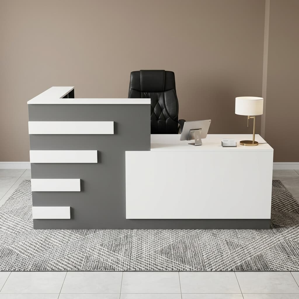 Modern 2M Two-Tone Reception Desk Showcasing A Dual-Tier Check-In Counter With A Matte Charcoal Gray And Off-White Laminate Finish, And A Tiered Pattern Of Four White Accent Slats.