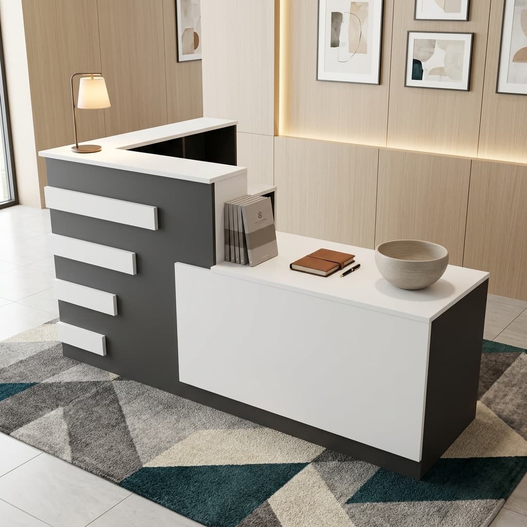 Modern 2M Two-Tone Reception Desk Showcasing A Dual-Tier Check-In Counter With A Matte Charcoal Gray And Off-White Laminate Finish, And A Tiered Pattern Of Four White Accent Slats.