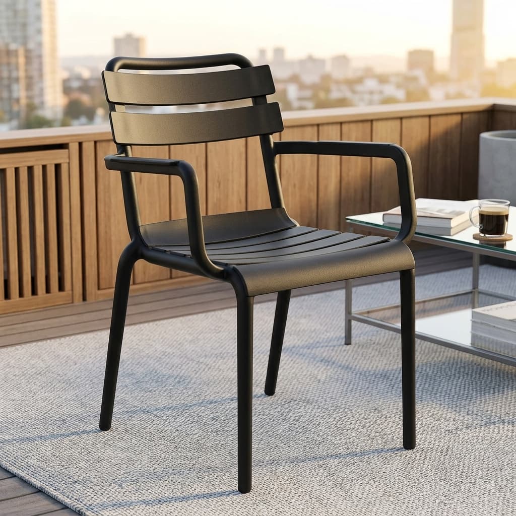 Stackable Plastic Dining Armchair Showcasing A Molded Black Polypropylene Frame, A Curved Slatted Backrest And Seat Pan With Horizontal Planks, And Integrated Loop Armrests.