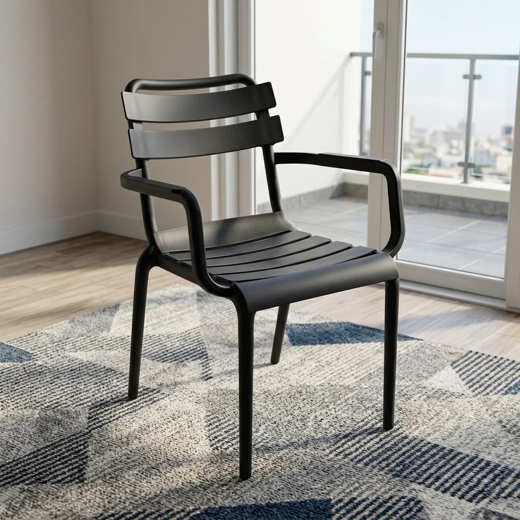 Stackable Plastic Dining Armchair Showcasing A Molded Black Polypropylene Frame, A Curved Slatted Backrest And Seat Pan With Horizontal Planks, And Integrated Loop Armrests.