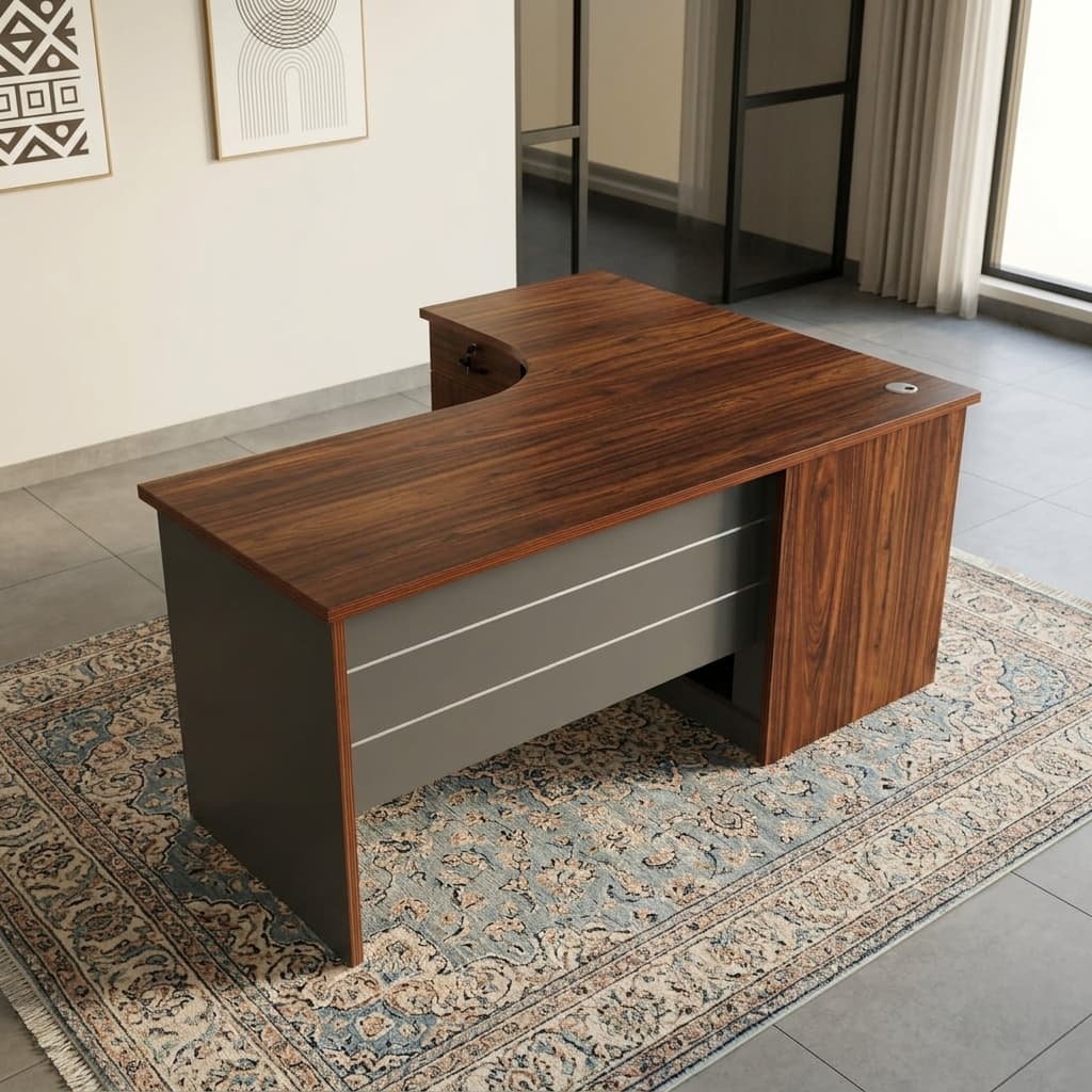 1600Mm Executive Desk With A Curved Wood-Grain Desktop, Dark Grey Panels, Circular Cable-Management Grommet, Lockable Drawer, Enclosed Cabinet, Open Shelves And Front Modesty Panel.