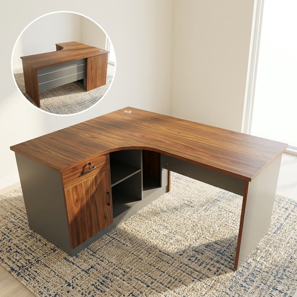 1600Mm Executive Desk With A Curved Wood-Grain Desktop, Dark Grey Panels, Circular Cable-Management Grommet, Lockable Drawer, Enclosed Cabinet, Open Shelves And Front Modesty Panel.