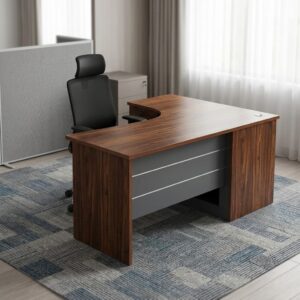 1600mm Executive Desk with a curved wood-grain desktop, dark grey panels, circular cable-management grommet, lockable drawer, enclosed cabinet, open shelves and front modesty panel.