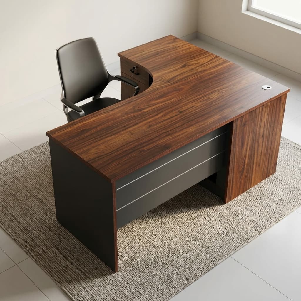 1600Mm Executive Desk With A Curved Wood-Grain Desktop, Dark Grey Panels, Circular Cable-Management Grommet, Lockable Drawer, Enclosed Cabinet, Open Shelves And Front Modesty Panel.