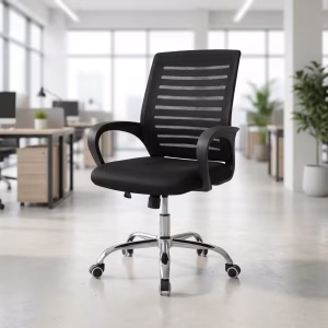 Ergonomic black mesh office chair with chrome base