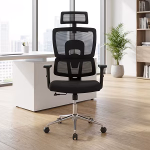 Orthopedic black mesh office chair with headrest and lumbar support for back pain relief.
