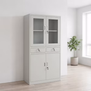 Lockable Metal Office Cabinet featuring glass-panel doors, adjustable shelves, drawers, and secure storage for office documents