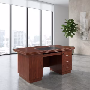 Classic Mahogany Executive Desk with leather-inlay top and lockable storage drawers in a professional office.