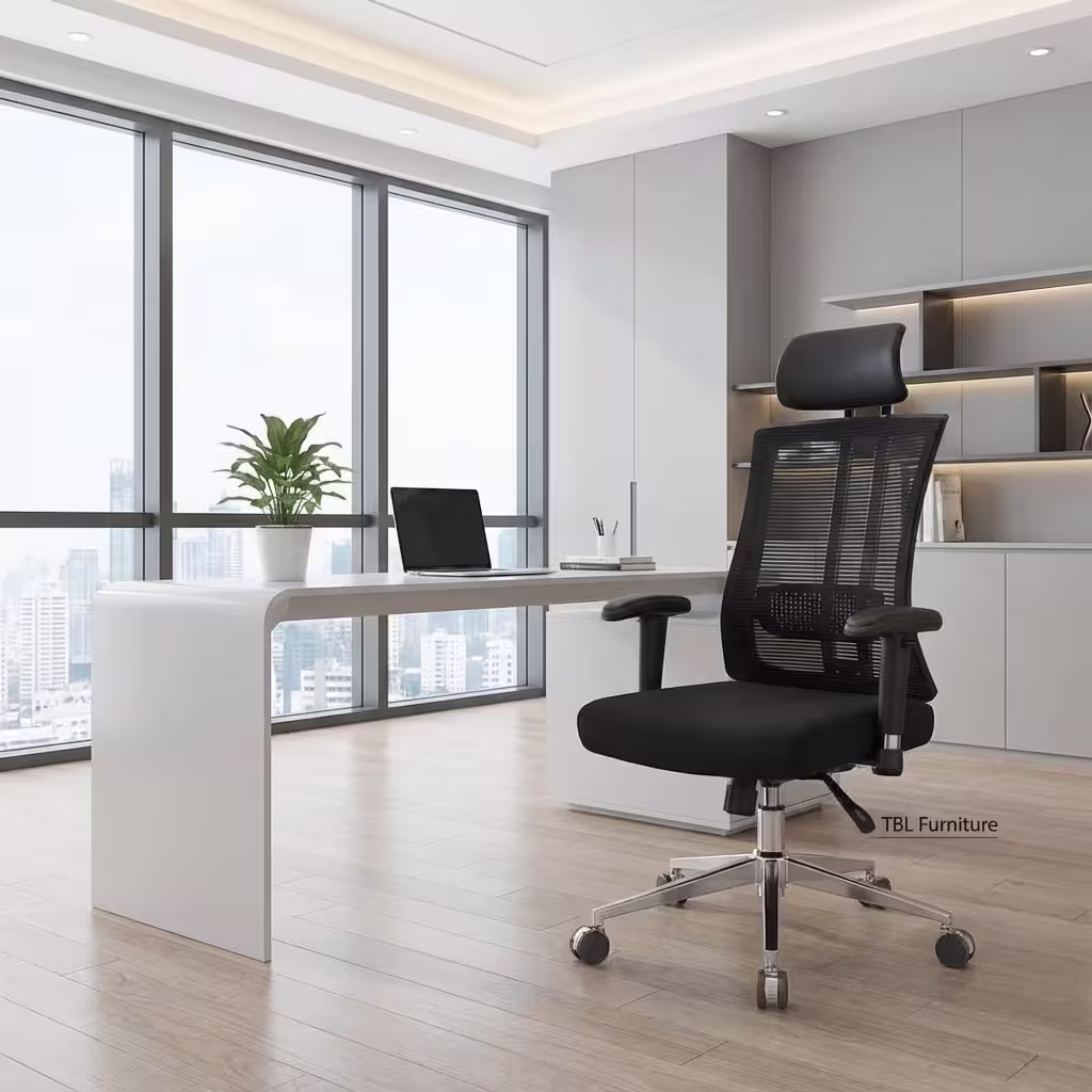 Ergonomic premium office chair with mesh back, adjustable headrest, and chrome base