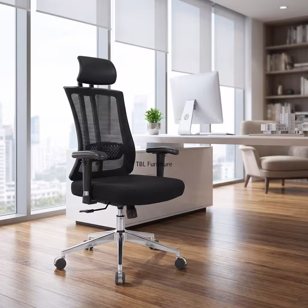 Ergonomic premium office chair with mesh back, adjustable headrest, and chrome base
