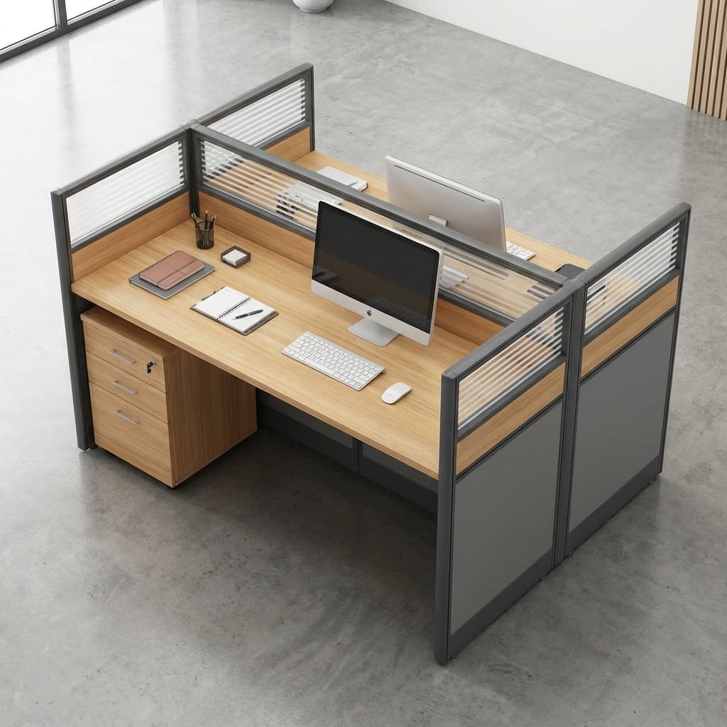 Modern 2-Person Workstation Showcasing A Back-To-Back Desk Configuration With Cherry Wood Grain Surfaces, Charcoal Gray Privacy Screens With Horizontal Blinds, And A Lockable Under-Desk Storage Pedestal.
