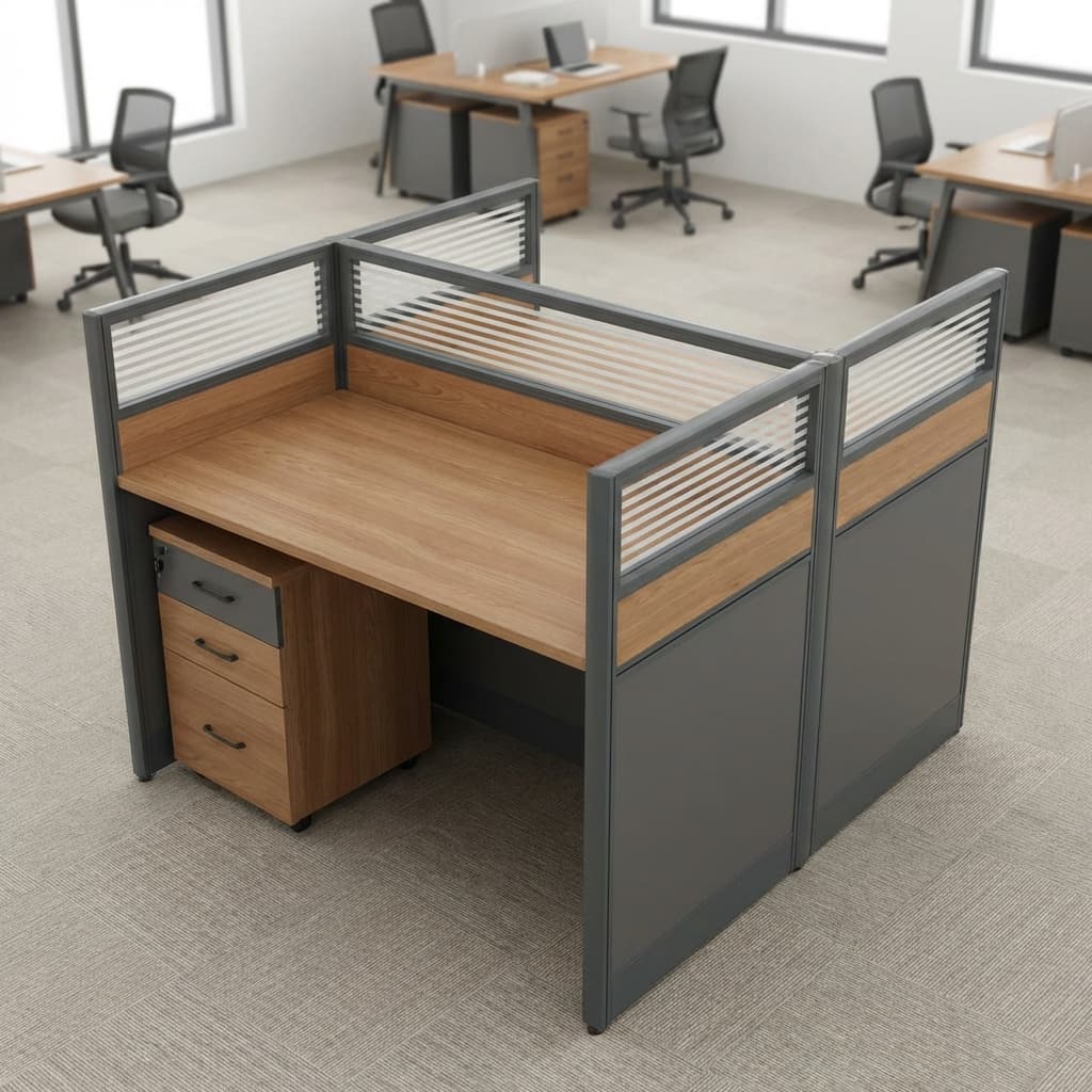 Modern 2-Person Workstation Showcasing A Back-To-Back Desk Configuration With Cherry Wood Grain Surfaces, Charcoal Gray Privacy Screens With Horizontal Blinds, And A Lockable Under-Desk Storage Pedestal.