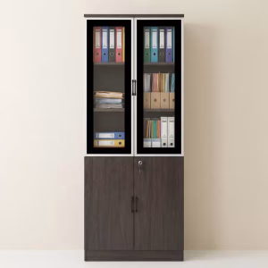 Premium Office Storage Cabinet with glass upper doors, lockable wood-finish lower section, and multi-shelf office file storage design.