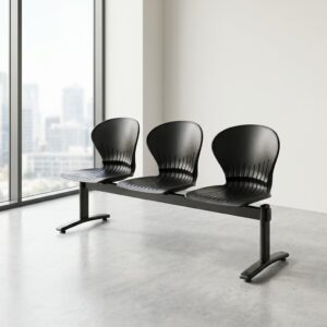 3 Seater Office Waiting Chair in black with three linked armless seats, contoured backrests, open slatted lower-back sections, horizontal support beam and two wide floor-standing legs.