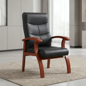 Leather Wood Guest Chair with wooden armrests and black leather cushioned seat for office use