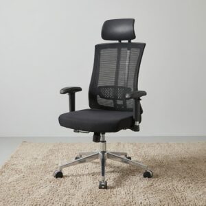 Ergonomic Premium Office Chair in black with an elevated padded headrest, breathable mesh high back, contoured lumbar section, padded seat, armrests, polished five-star base and caster wheels.