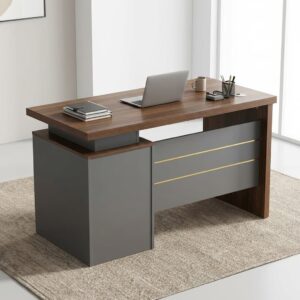 1200mm Executive Office Desk with a rectangular wood-grain desktop, three-drawer storage pedestal, grey panels, gold-toned front accents and circular cable-management grommet.
