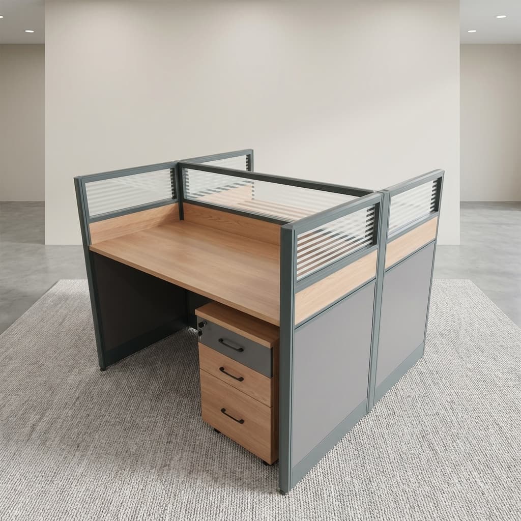 Modern 2-Person Workstation Showcasing A Back-To-Back Desk Configuration With Cherry Wood Grain Surfaces, Charcoal Gray Privacy Screens With Horizontal Blinds, And A Lockable Under-Desk Storage Pedestal.