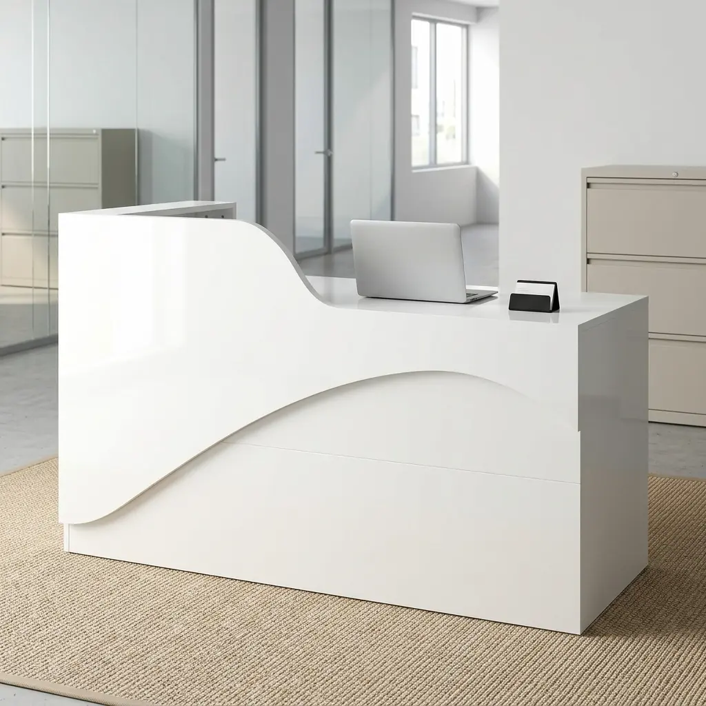 Modern 1.6M Front Office Desk With Curved White Reception Design And Spacious Workstation