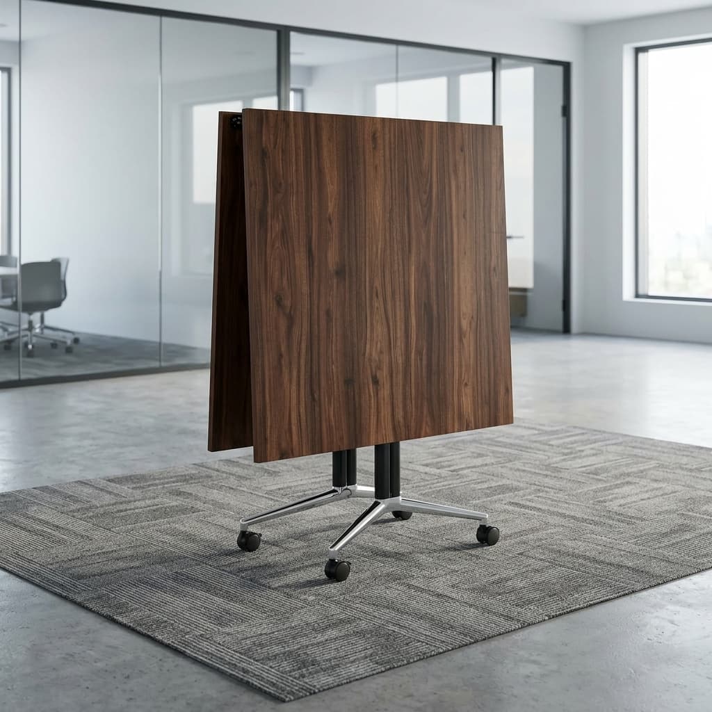 Portable 2.4M Boardroom Table With Two Rectangular Wood-Grain Folding Tabletop Sections, Black Central Supports, Polished Metal Feet And Caster Wheels For Mobility.