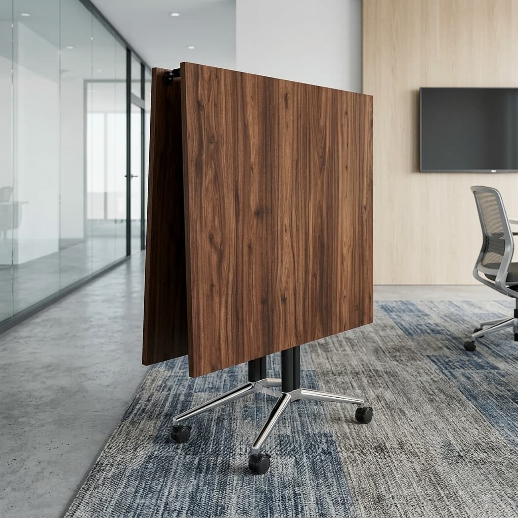 Portable 2.4M Boardroom Table With Two Rectangular Wood-Grain Folding Tabletop Sections, Black Central Supports, Polished Metal Feet And Caster Wheels For Mobility.