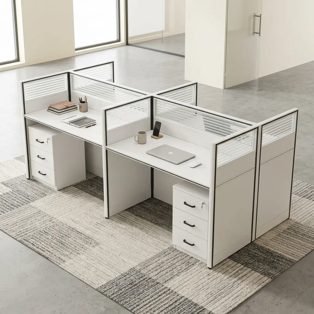 Premium 4-Person Workstation Showcasing A Four-Desk Modular Cluster With White Laminate Surfaces, Black Metal Trim, Fluted Glass Privacy Screens, And Four Matching Under-Desk Filing Drawers.