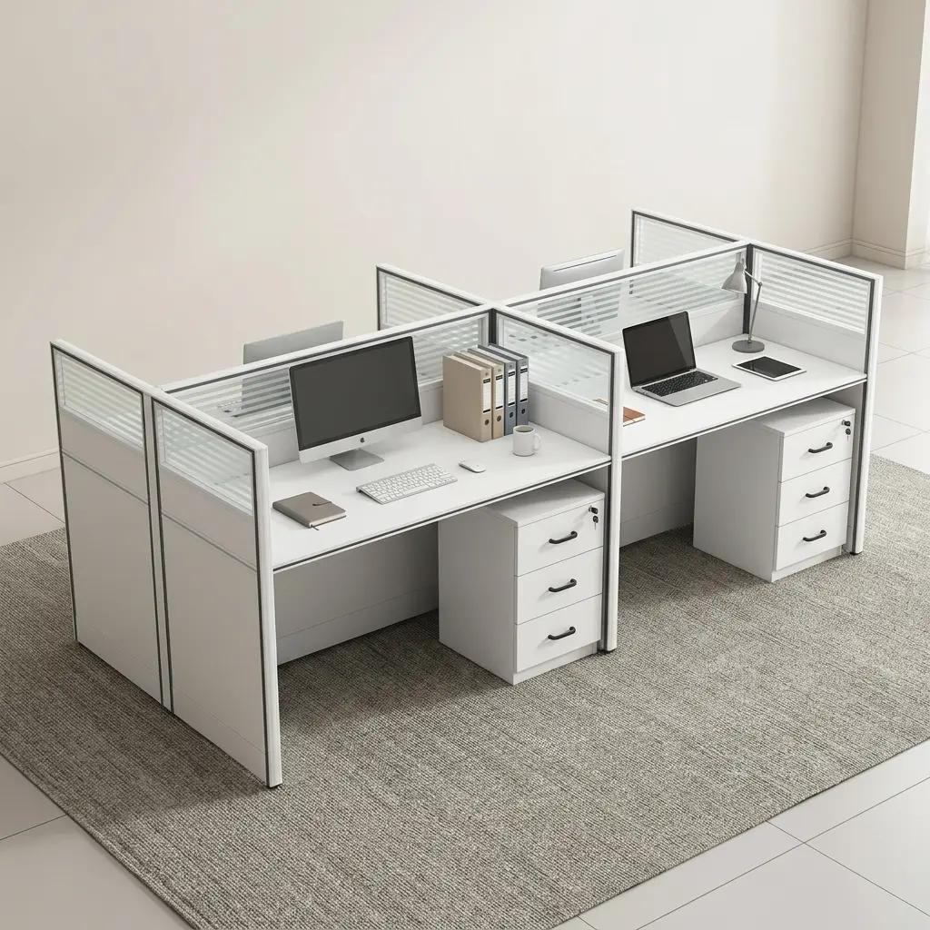 Premium 4-Person Workstation Showcasing A Four-Desk Modular Cluster With White Laminate Surfaces, Black Metal Trim, Fluted Glass Privacy Screens, And Four Matching Under-Desk Filing Drawers.