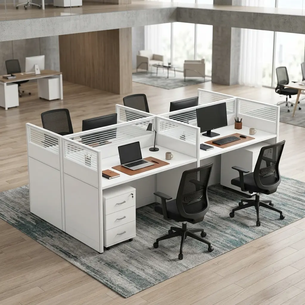 Premium 4-Person Workstation Showcasing A Four-Desk Modular Cluster With White Laminate Surfaces, Black Metal Trim, Fluted Glass Privacy Screens, And Four Matching Under-Desk Filing Drawers.