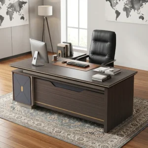 Modern 1.8m Director Desk with a dark wood-grain layered worktop, L-shaped side return, integrated drawer and cabinets, broad front modesty panel, blue-grey geometric side panel and metallic-toned trim.
