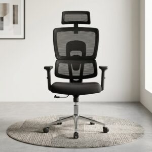 Orthopedic High-Back Mesh Chair showcasing a black split-back mesh backrest, an adjustable headrest, height adjustable armrests, a cushioned seat, and a polished chrome five-star wheeled base.