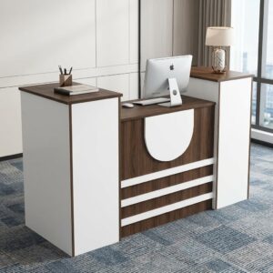 1.6m Reception Desk with white side panels, a warm wood-grain worktop and front panel, raised customer-facing sections, curved white centre detail, three horizontal accents, integrated cupboard and multiple drawers.
