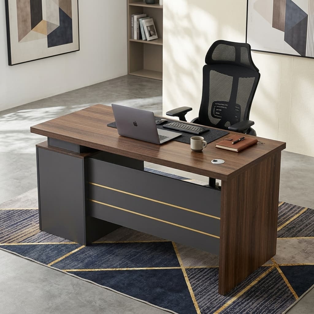 1.2M Executive Office Desk With A Rectangular Wood-Grain Desktop, Layered Top, Three Handled Drawers, Lockable Upper Drawer, Circular Cable-Management Grommet, Dark Grey Modesty Panel And Two Gold-Toned Accent Lines
