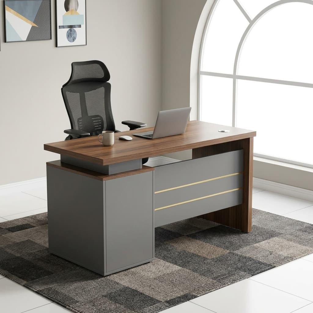 1.2M Executive Office Desk With A Rectangular Wood-Grain Desktop, Layered Top, Three Handled Drawers, Lockable Upper Drawer, Circular Cable-Management Grommet, Dark Grey Modesty Panel And Two Gold-Toned Accent Lines