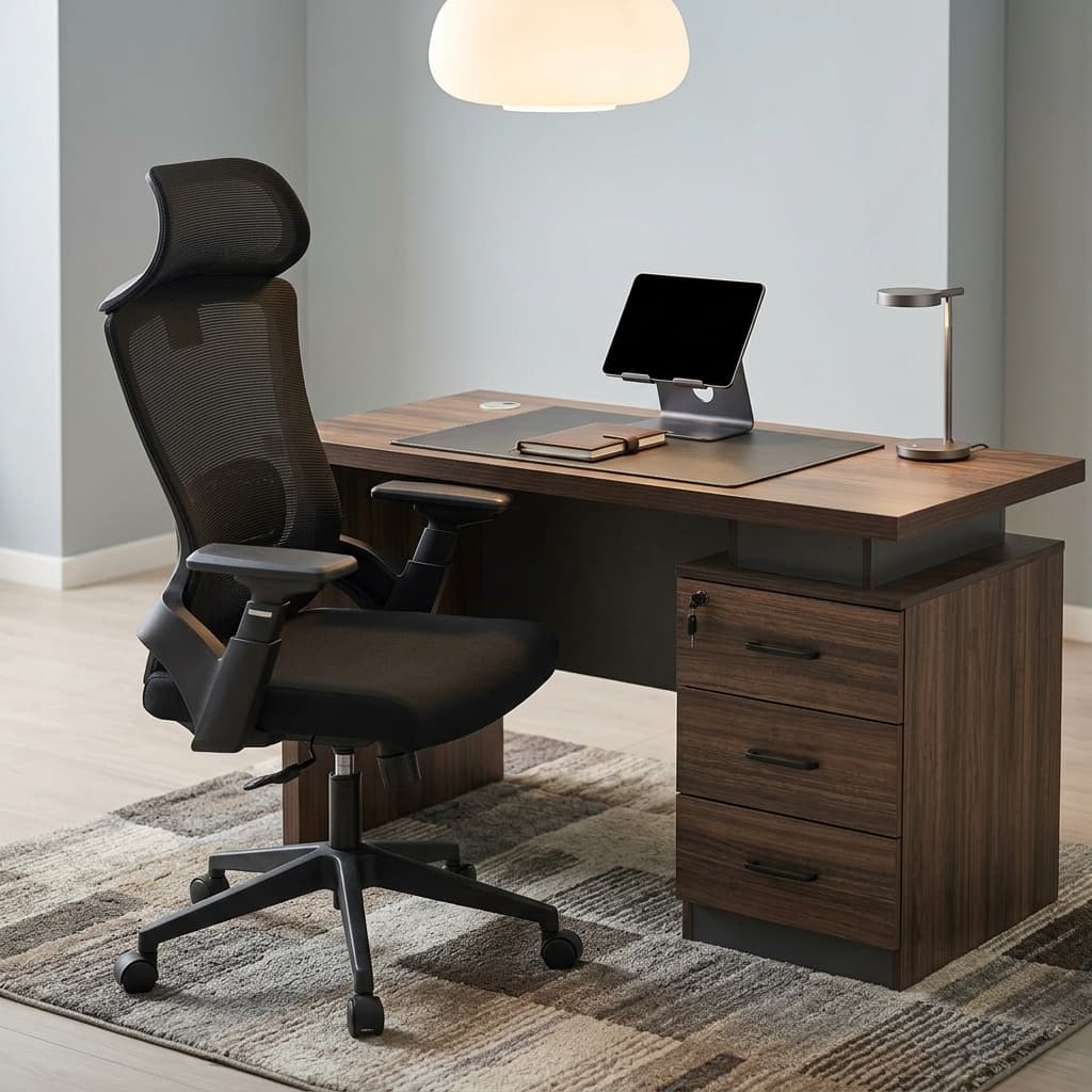 1.2M Executive Office Desk With A Rectangular Wood-Grain Desktop, Layered Top, Three Handled Drawers, Lockable Upper Drawer, Circular Cable-Management Grommet, Dark Grey Modesty Panel And Two Gold-Toned Accent Lines
