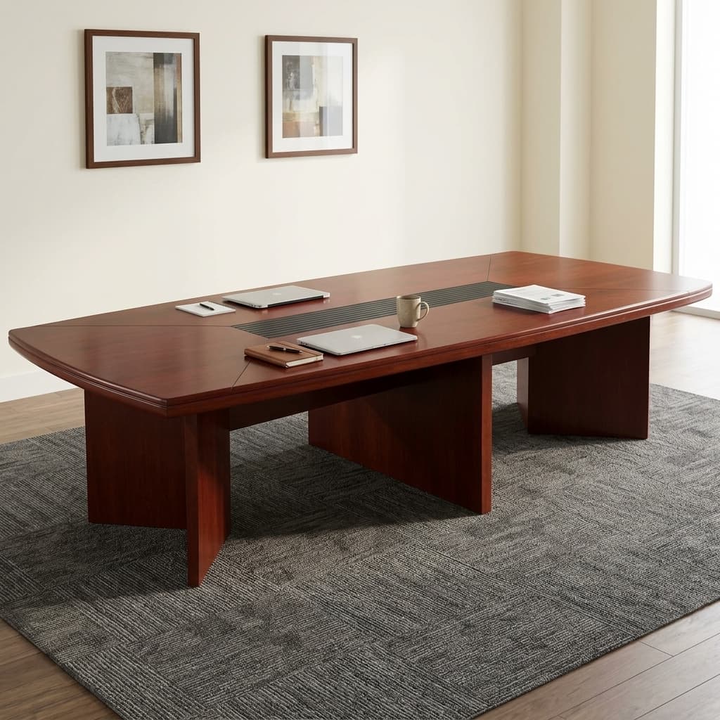3M Executive Conference Table With A Long Rectangular Reddish-Brown Wood-Grain Tabletop, Defined Surface Sections, Straight Edges And Wide Panel-Style Supports.