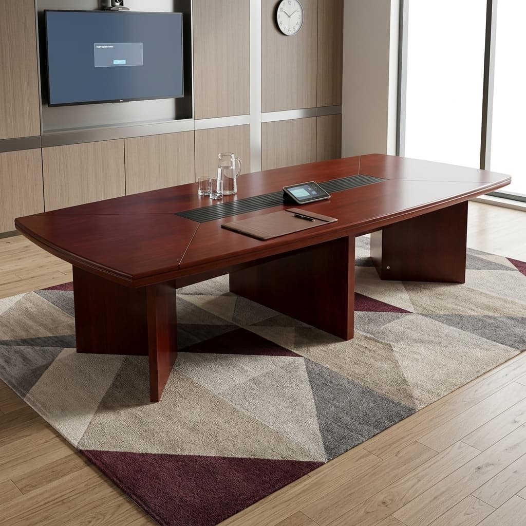 3M Executive Conference Table With A Long Rectangular Reddish-Brown Wood-Grain Tabletop, Defined Surface Sections, Straight Edges And Wide Panel-Style Supports.