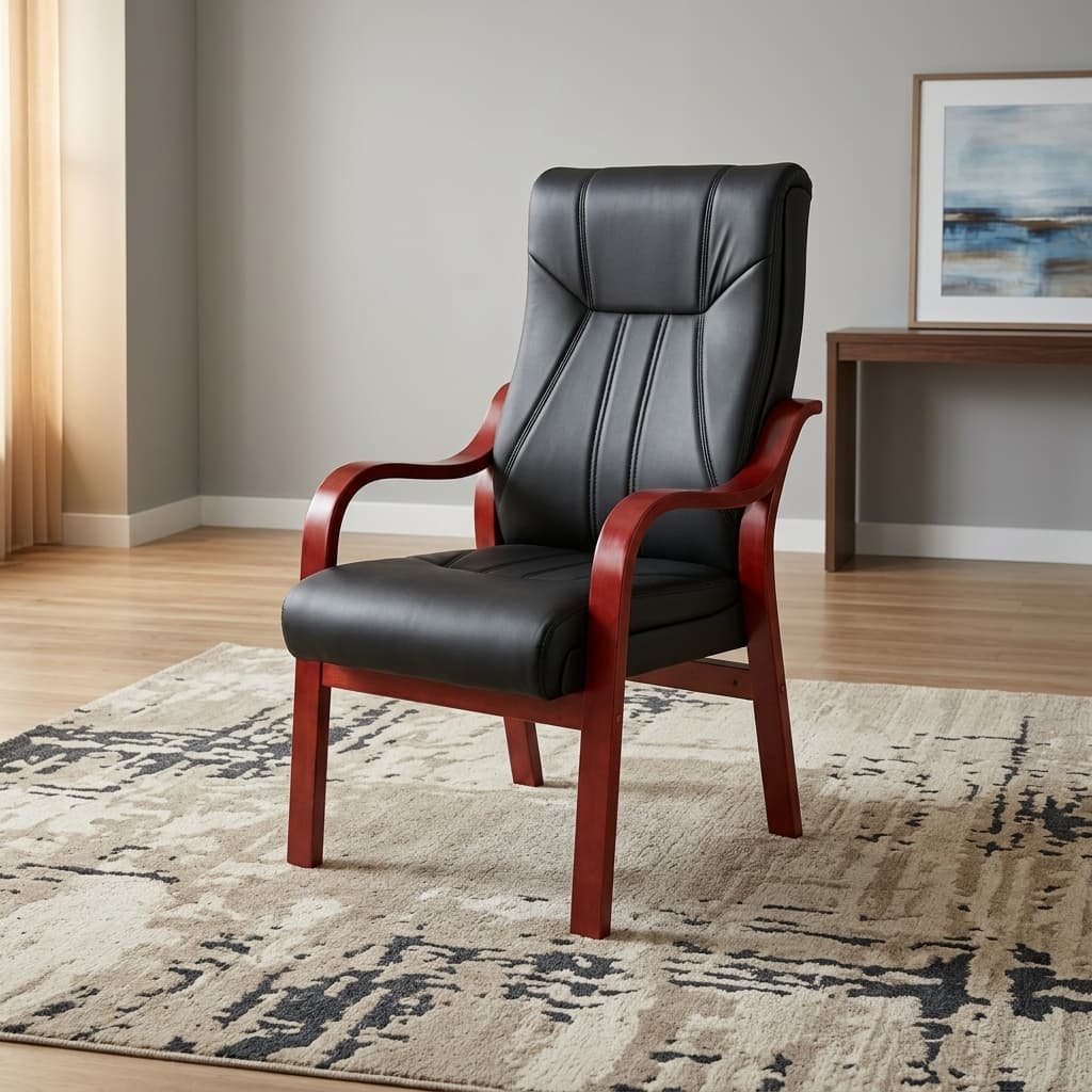 Luxury Executive Visitor Chair With Smooth Black Upholstery, A Tall Padded Backrest, Vertical Stitched Detailing, Broad Cushioned Seat, Curved Reddish-Brown Wooden Armrests And Four Fixed Wooden Legs.