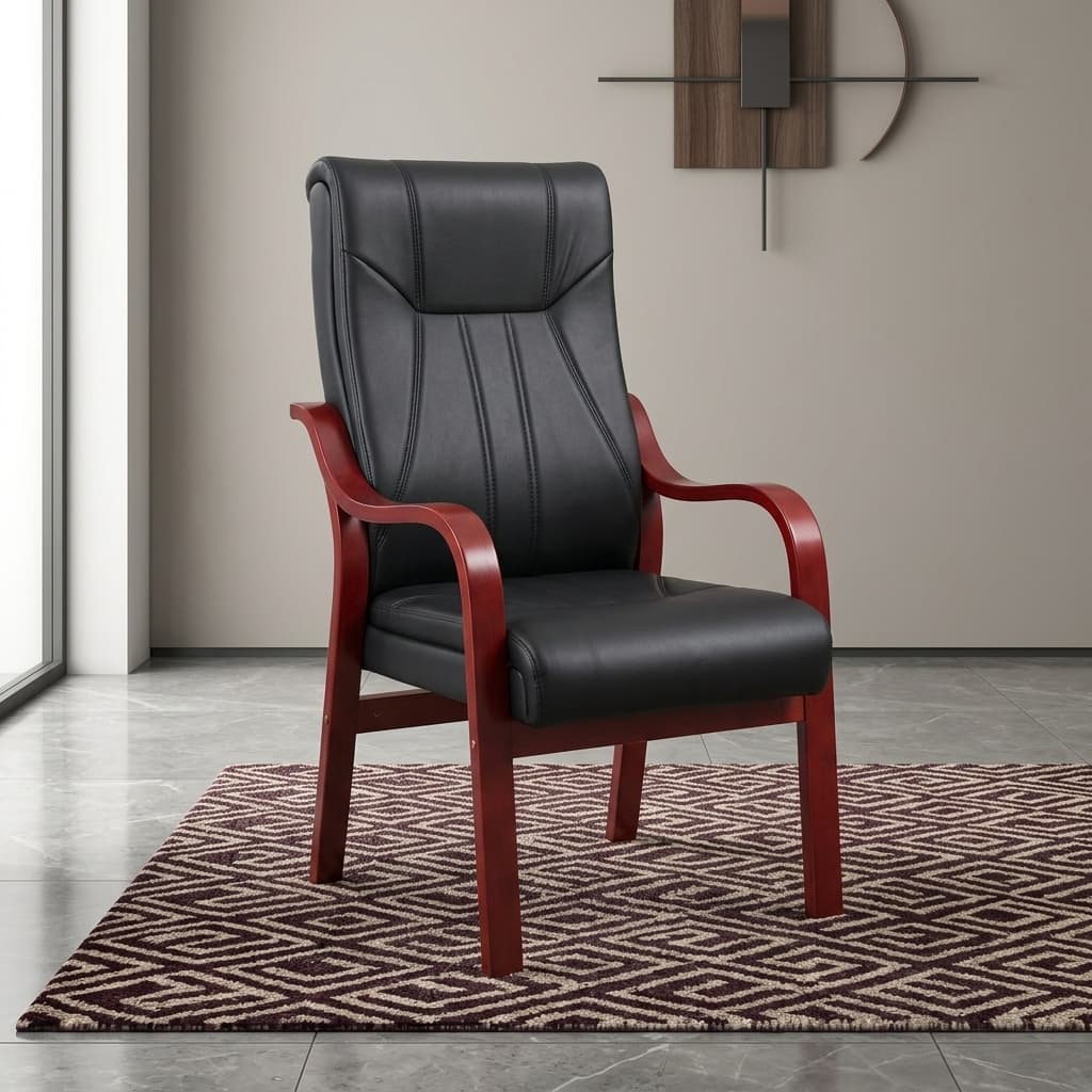 Luxury Executive Visitor Chair With Smooth Black Upholstery, A Tall Padded Backrest, Vertical Stitched Detailing, Broad Cushioned Seat, Curved Reddish-Brown Wooden Armrests And Four Fixed Wooden Legs.