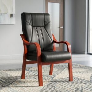 Luxury Executive Visitor Chair with smooth black upholstery, a tall padded backrest, vertical stitched detailing, broad cushioned seat, curved reddish-brown wooden armrests and four fixed wooden legs.
