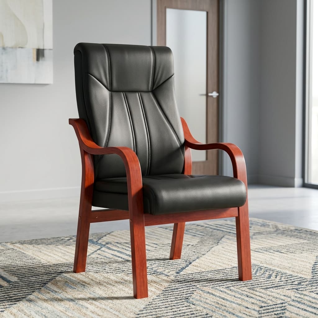 Luxury Executive Visitor Chair With Smooth Black Upholstery, A Tall Padded Backrest, Vertical Stitched Detailing, Broad Cushioned Seat, Curved Reddish-Brown Wooden Armrests And Four Fixed Wooden Legs.