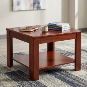 Wooden Office Coffee Table with a square reddish-brown tabletop, subtly projecting top edge, open lower storage shelf, and four straight wooden legs.