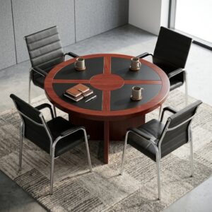 Elegant 4-Seater Meeting Table with a round tabletop, reddish-brown wood-grain border, four dark inset sections, radial wood-toned dividers, circular centre detail and panelled central pedestal.
